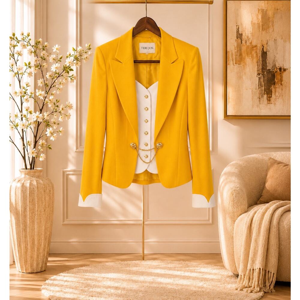 Teri Jon Rickie Freeman Yellow White Quilted Designer Jacket Blazer 10 Business